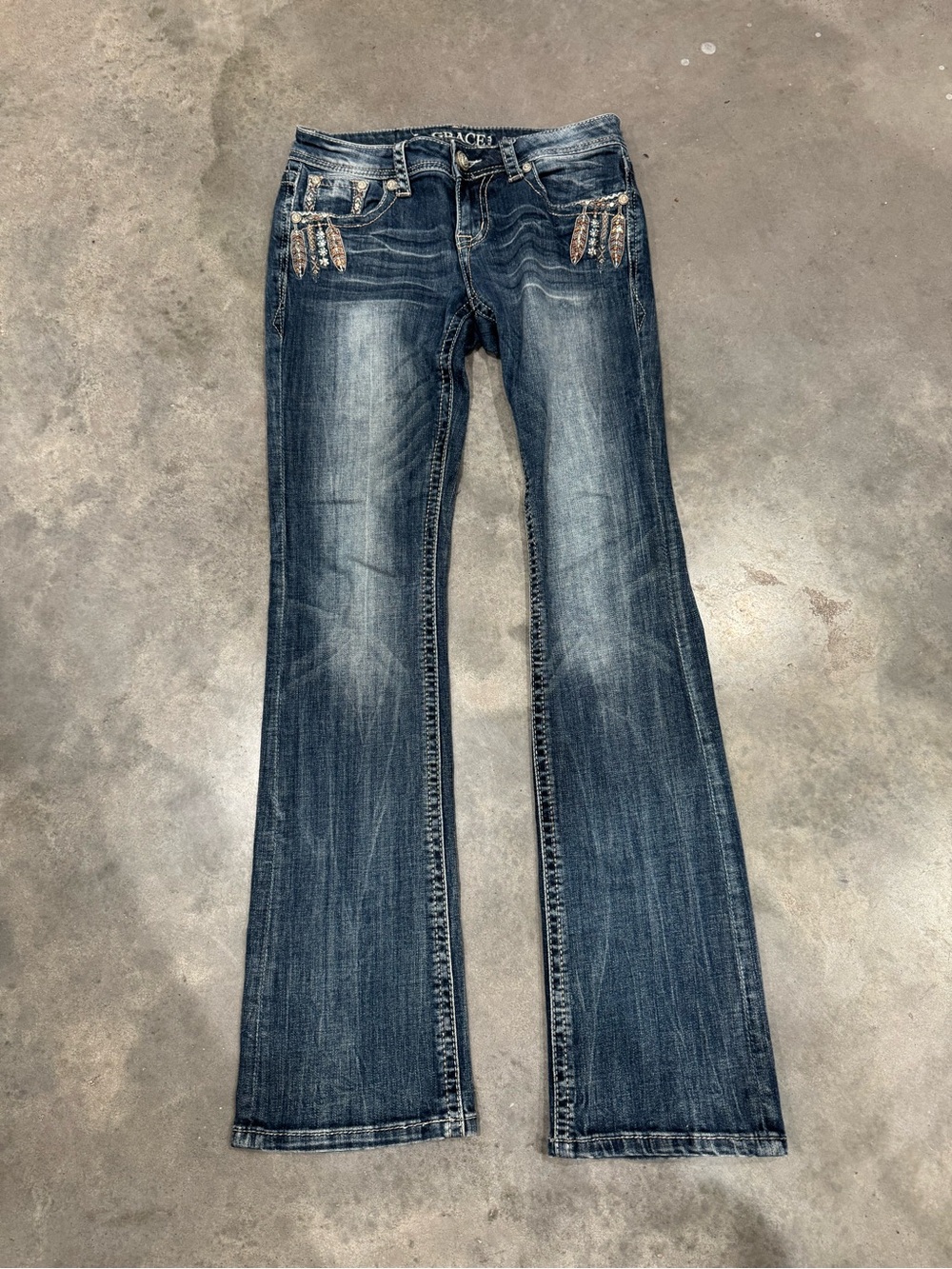 Grace in LA Embellished Boot Cut Jeans - Dark Blue